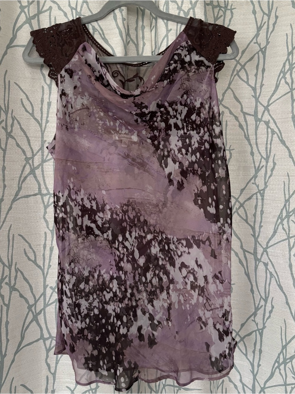 Sheer Purple Printed Lace-Shoulder Camisole